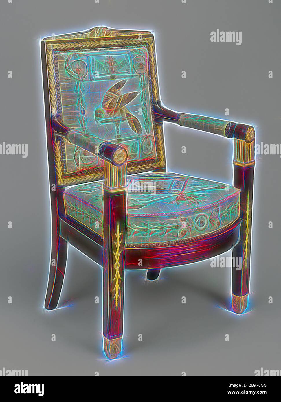 Un sofá y diez sillones, marcos atribuidos a François-Honoré-Georges Jacob-Desmalter (francés, 1770 - 1841), Tapices de Beauvais Manufactory (francés, fundado en 1664), París, Francia, alrededor de 1810, caoba y haya, monturas de bronce dorado, tapicería de seda y lana, reimaginado por Gibon, diseño de brillo alegre cálido y brillante de rayos de luz. Arte clásico reinventado con un toque moderno. Fotografía inspirada en el futurismo, abrazando la energía dinámica de la tecnología moderna, el movimiento, la velocidad y la revolución de la cultura. Foto de stock
