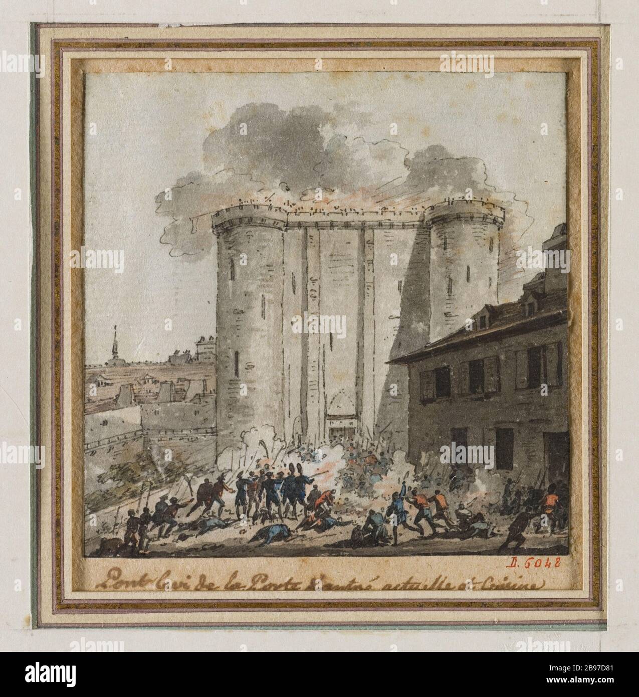 ATAQUE DE LA BASTILLA DE PONT-LEVIS A LA PUERTA PRINCIPAL DEL FUERTE  'L'attaque de la Bastille au pont-levis de la porte d'entrée du fort'.  Plume, aquarelle, 1789. Ecole française, fin XVIIIème siècle.