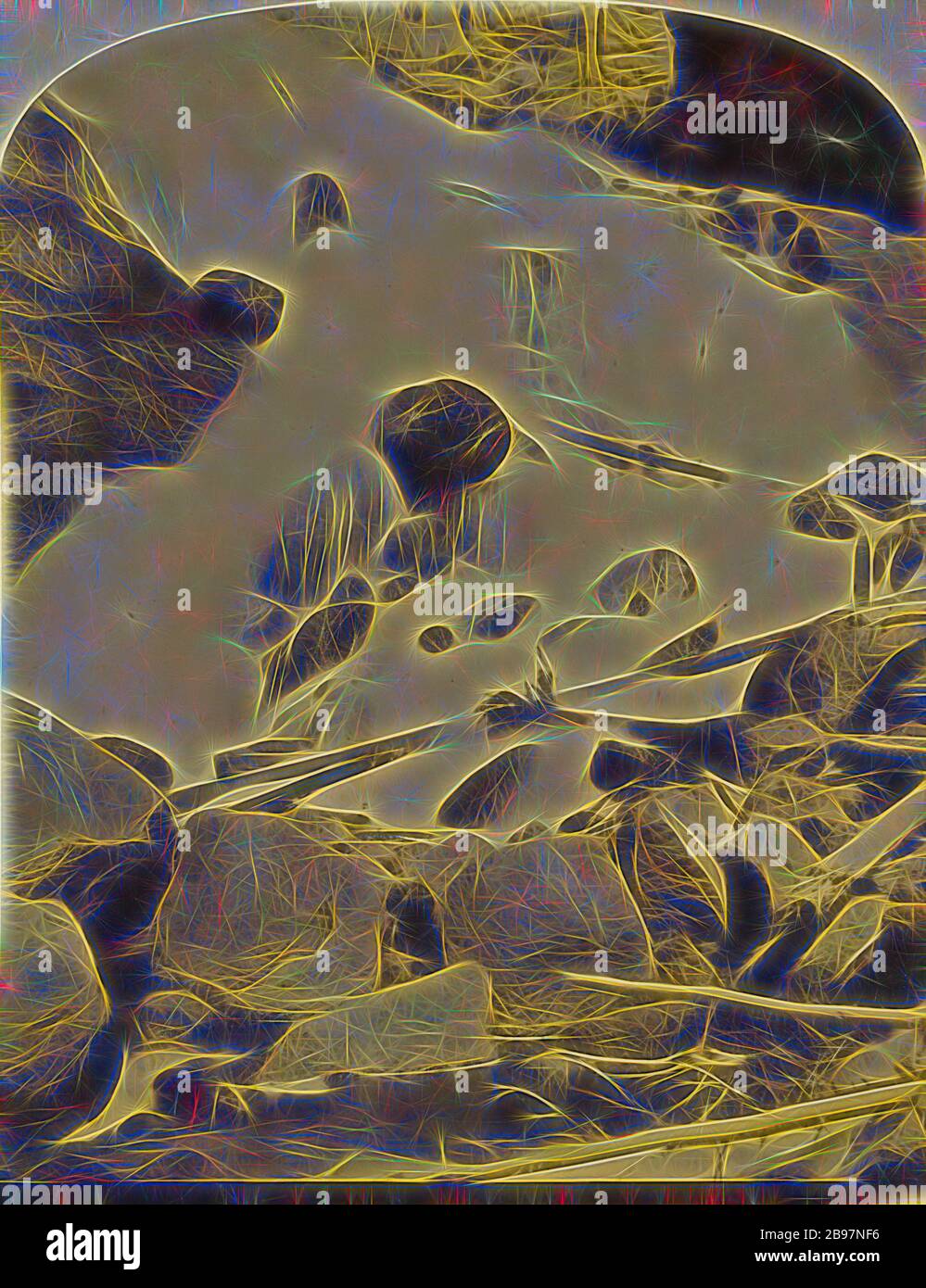 Cascada del Gibbon. Yellowstone National Park., Frank Jay Haynes (Americano, 1853 - 1921), cerca de 1876, estampado de plata de albumen, Reimaged by Gibon, diseño de cálido y alegre resplandor de brillo y rayos de luz. Arte clásico reinventado con un toque moderno. Fotografía inspirada en el futurismo, abrazando la energía dinámica de la tecnología moderna, el movimiento, la velocidad y la revolución de la cultura. Foto de stock