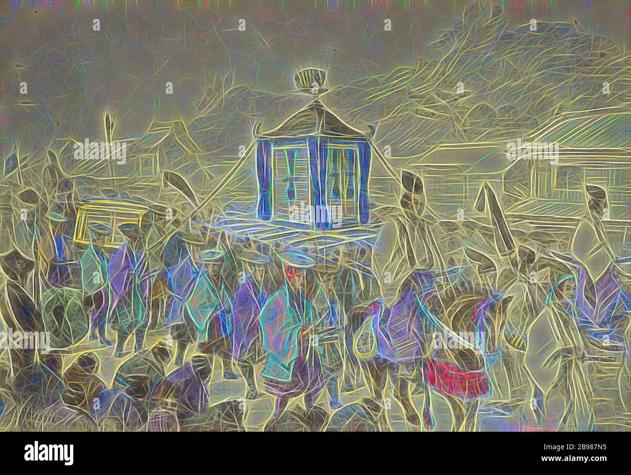 La Procesión de Mikado, Felice Beato (Inglés, Italia nacida, 1832 - 1909), Japón, 1868, álbum de color mano de plata, 19.1 x 27.6 cm (7 1/2 x 10 7/8 in.), Reimaged by Gibon, diseño de cálido brillo alegre y rayos de luz radiance. Arte clásico reinventado con un toque moderno. Fotografía inspirada en el futurismo, abrazando la energía dinámica de la tecnología moderna, el movimiento, la velocidad y la revolución de la cultura. Foto de stock