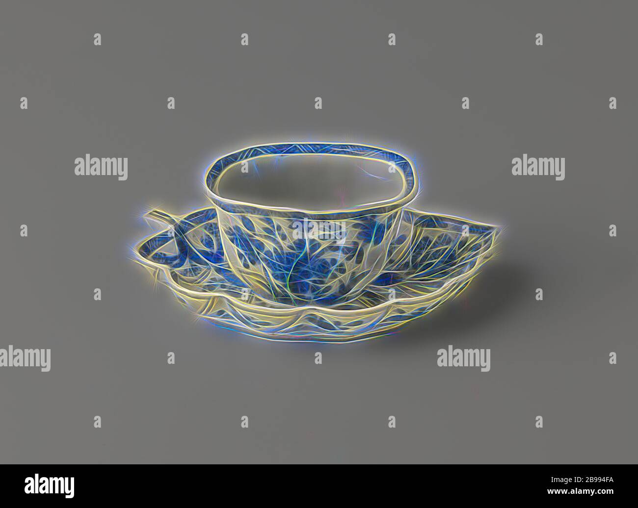 Taza con platillo en forma de una hoja, taza y plato de porcelana, el platillo en la forma de una hoja, pintado de azul underglaze. La cabeza modelada con venas en el exterior y pintados con una rama de flores flores cuatro veces, una rama de flores en la parte inferior, el interior y el exterior del borde con una banda decorativa con la eclosión. El plato está dividido con una caja decoración por los "ins" de la hoja, llena de diversas plantas en floración en una roca. Marcados en la parte inferior del plato con un lotus. Azul Blanco., anónimos, China, c. 1750 - c. 1774, la dinastía Qing (1644-1912) / Periodo Qianlong (1736-1795), Foto de stock