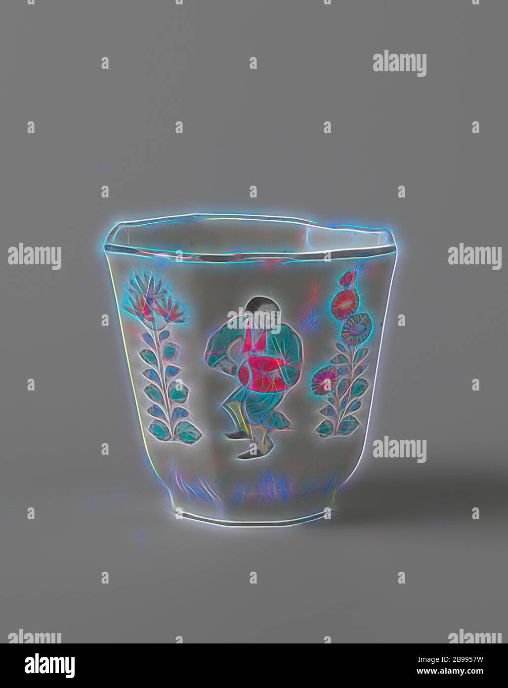 Taza octogonal con baile muchachos y plantas en floración, octogonal taza de porcelana, cubierta con un vidriado translúcido y pintadas en el esmaltado en azul, rojo, verde, amarillo, negro y oro. Encima del pie una banda con incisión, señaló motivos de hojas. Pintado en Europa con alternativamente un chico bailando con un instrumento y plantas en floración. En la parte inferior una flor vid. Marcados en la parte inferior con una marca de la junta no identificados. Hornear arena en el reposapiés. Borde marrón. Blanc de Chine en Europa están decoradas en el estilo Kakiemon Japonés, Jean Theodore Royer, anónimos, Europa, c. 1700 - c. 1720, la dinastía Qing (16 Foto de stock