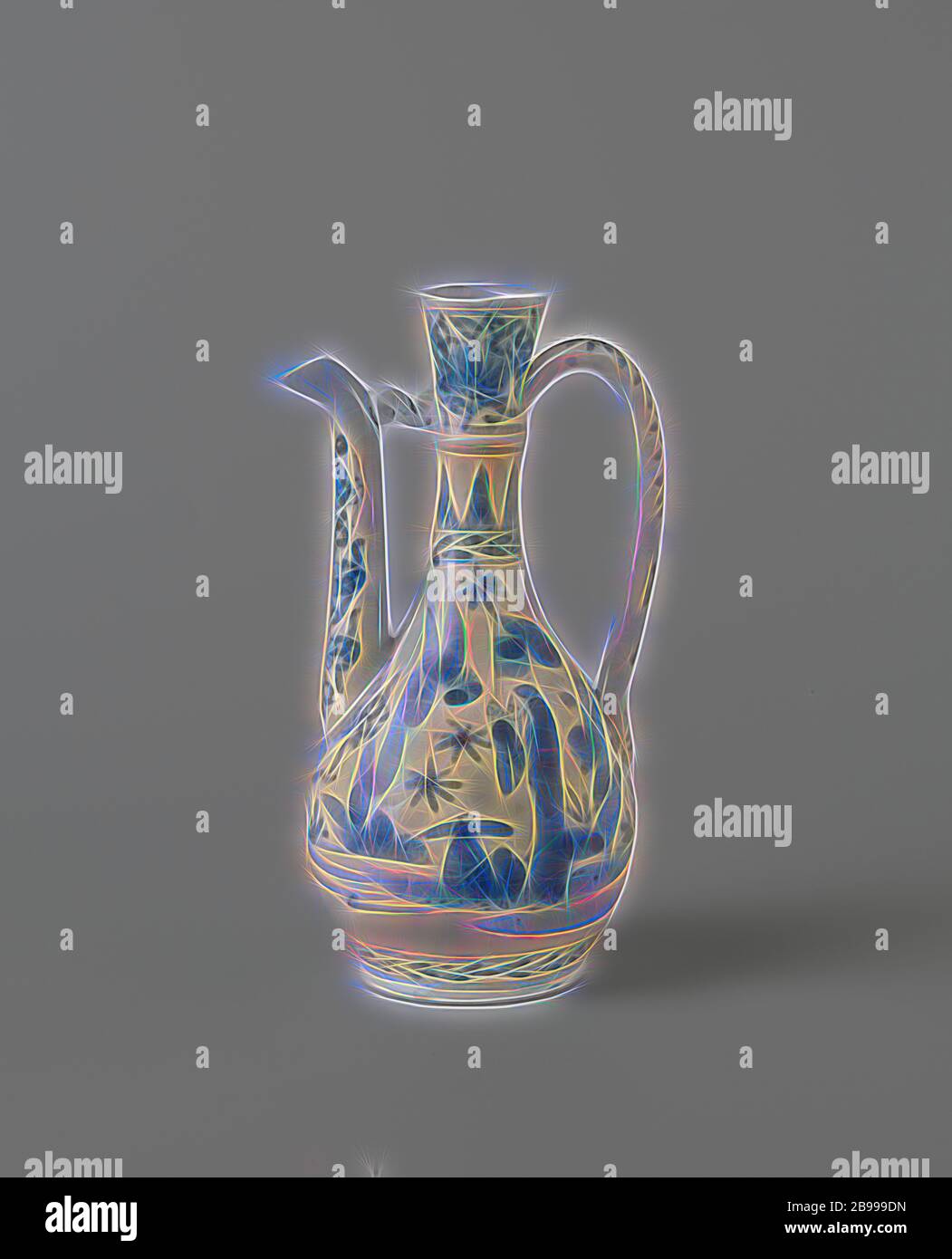 Ewer con figuras en un paisaje floral y pergaminos, jarra de porcelana con un cuerpo en forma de pera, c con forma de oreja y pico curvo en la parte superior conectado al cuello, pintado de azul underglaze. Dos veces un paisaje en el vientre con uno o dos de pie por las rocas y plantas en floración. El hombro con una banda decorativa y señalaron motivos de hojas. En el cuello de una banda con enredaderas florales. La descarga y la oreja con flor de vides. Una banda decorativa alrededor del pie. Un agujero para un marco en la parte superior de la oreja. Arita, azul y blanco, anónimos, Japón, c. 1650 - c. 1680 el período Edo (1600-1868), de porcelana (material), vidriado, cobalto Foto de stock