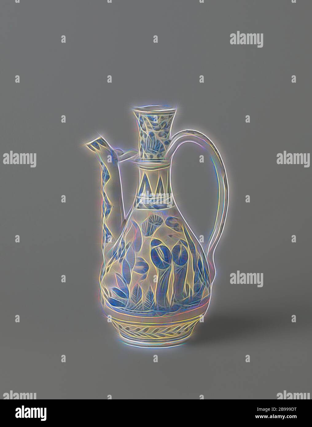 Ewer con figuras en un paisaje floral y pergaminos, jarra de porcelana con cuerpo en forma de pera, extendiendo el cuello, oreja y en forma de c Boquilla recta que se dobla ligeramente por la parte superior y se acopla al cuello. Pintadas en azul underglaze. En el vientre dos paisajes con una persona de pie y sentado, las otras dos personas de pie. Alrededor del pie y en el hombro una banda con una hoja de parra, sobre el hombro en esta banda señalaron motivos de hojas. El cuello con lotus zarcillos. La descarga y la oreja con flor de vides. Arita, azul y blanco, anónimos, Japón, c. 1650 - c. 1680 el período Edo (1600-1868), vidriado, porcela Foto de stock