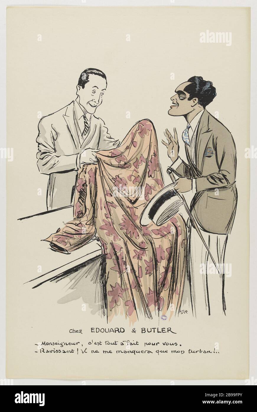 FONDO DE ÁLBUM BLANCO POR SEMANA 'IN AND EDWARD BUTLER': SIR ES ENTERAMENTE PARA TI .. (PL 11) Sem (1863-1934). 'Album White Bottoms de Sem 'chez Edouard et Butler' : Monsieur c'est tout à fait pour vous .. (pl 11)'. Lithographie en couleur. París, musée Carnavalet. Foto de stock