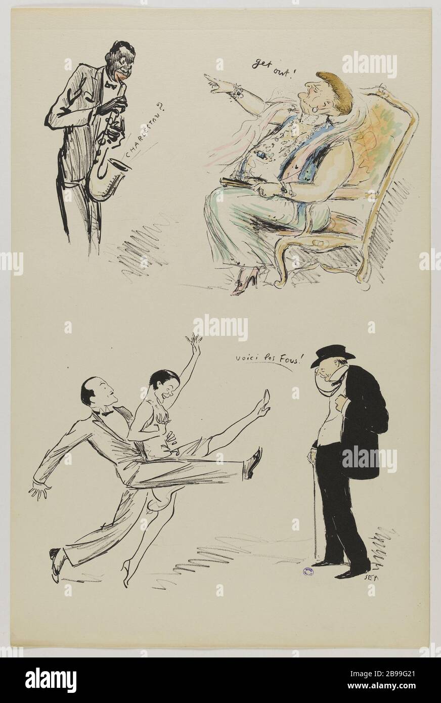 ÁLBUM BLANCO DE BOTTOM SEM: CHARLESTON? ¡SALGA! ¡AQUÍ ESTÁN LOS TONTOS! (PL 29) Sem (1863-1934). 'Album White Bottoms de Sem : charleston ? ¡salir!, voici les fous! (pl 29)'. Lithographie en couleur. París, musée Carnavalet. Foto de stock