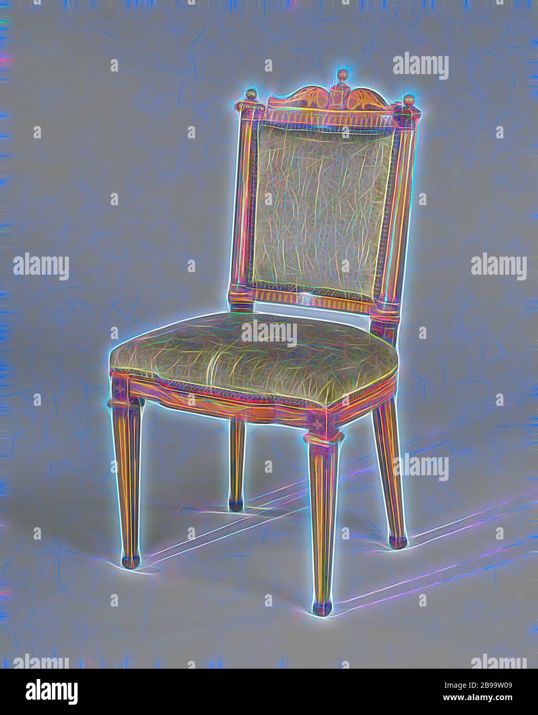 Silla de madera de olmo, con la excepción de la parte posterior  completamente decorada con trabajos de marquetería, silla de madera de olmo  (serie de seis piezas: A a F). Con la