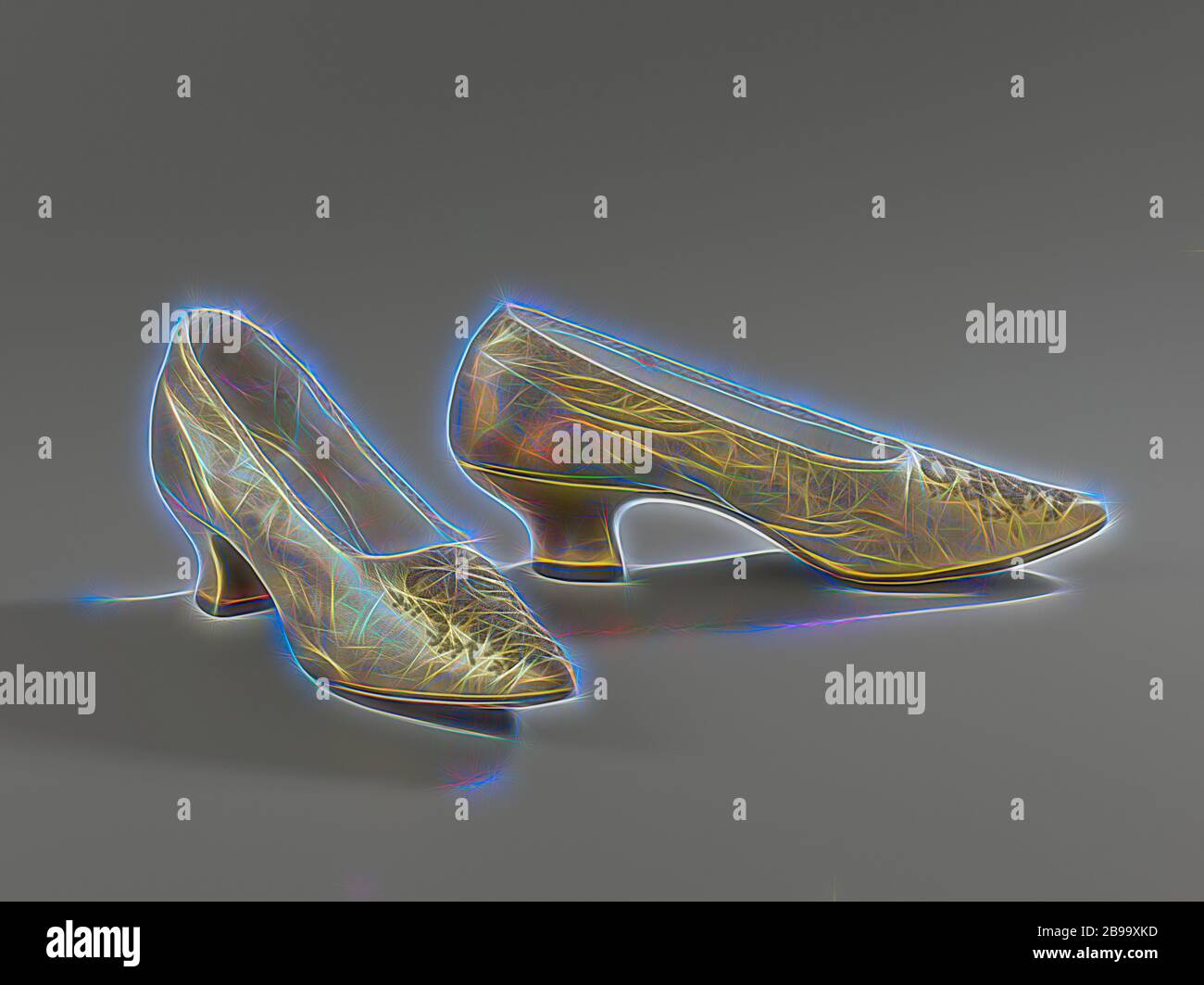 Par de zapatos de mujer con punta de punta bomba hecha de cuero vidriado de  color dorado, decorado con un triángulo de flores pulverizadas en oro /  cuentas de acero marrón, bomba