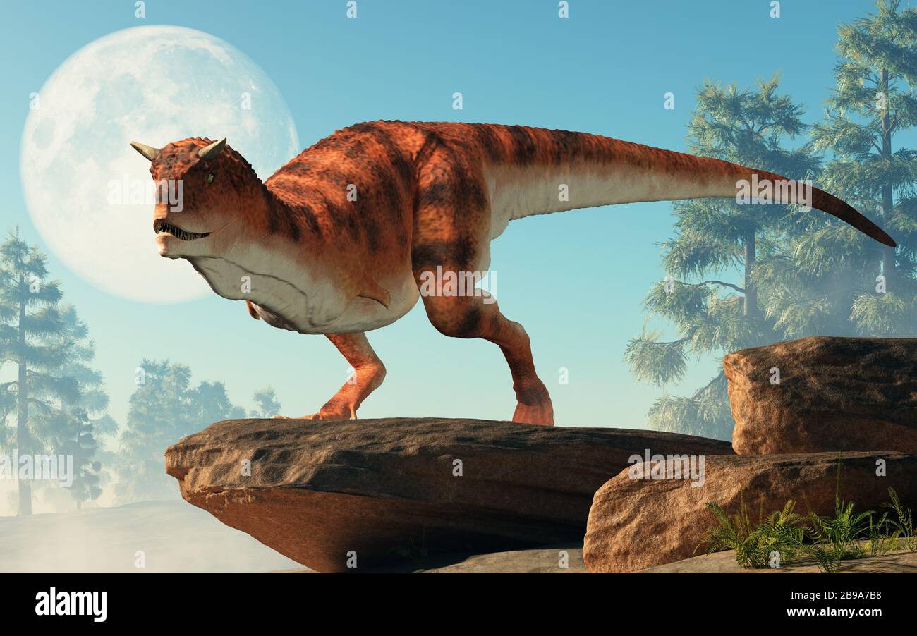 Carnotaurus era un dinosaurio carnívoro terópodo con cuernos en la cabeza  que vivía en la era Cretácica de América del Sur. Representado en un  acantilado por la luna. 3D Fotografía de stock -