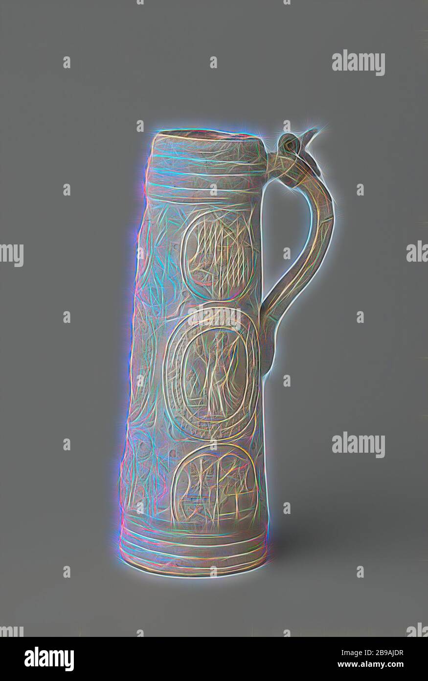 Tankard (schnelle) con escudos y Mercurio, Júpiter y Venus, jarra  (schnelle) de gres con un cuerpo cilíndrico, ligeramente oblicuos y orejas  en forma de 