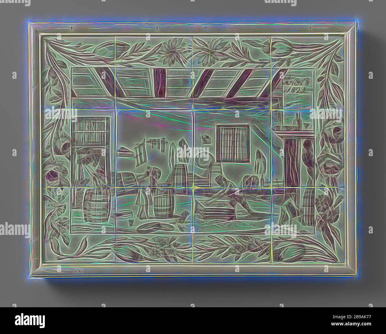 Cuadro de mosaico de un cooperage, cuadro de mosaico de doce azulejos (3 x 4) con figuras pintadas de color púrpura en un cooperage. El marco consiste en flores. Arriba a la derecha la inscripción: ANNO 1821., anónimo, Holanda, 1821, loza, estañado, h 42.5 cm × w 55 cm × d 5 cm, Reimaged by Gibon, diseño de cálido y alegre resplandor de los rayos de luz. Arte clásico reinventado con un toque moderno. Fotografía inspirada en el futurismo, abrazando la energía dinámica de la tecnología moderna, el movimiento, la velocidad y la revolución de la cultura. Foto de stock