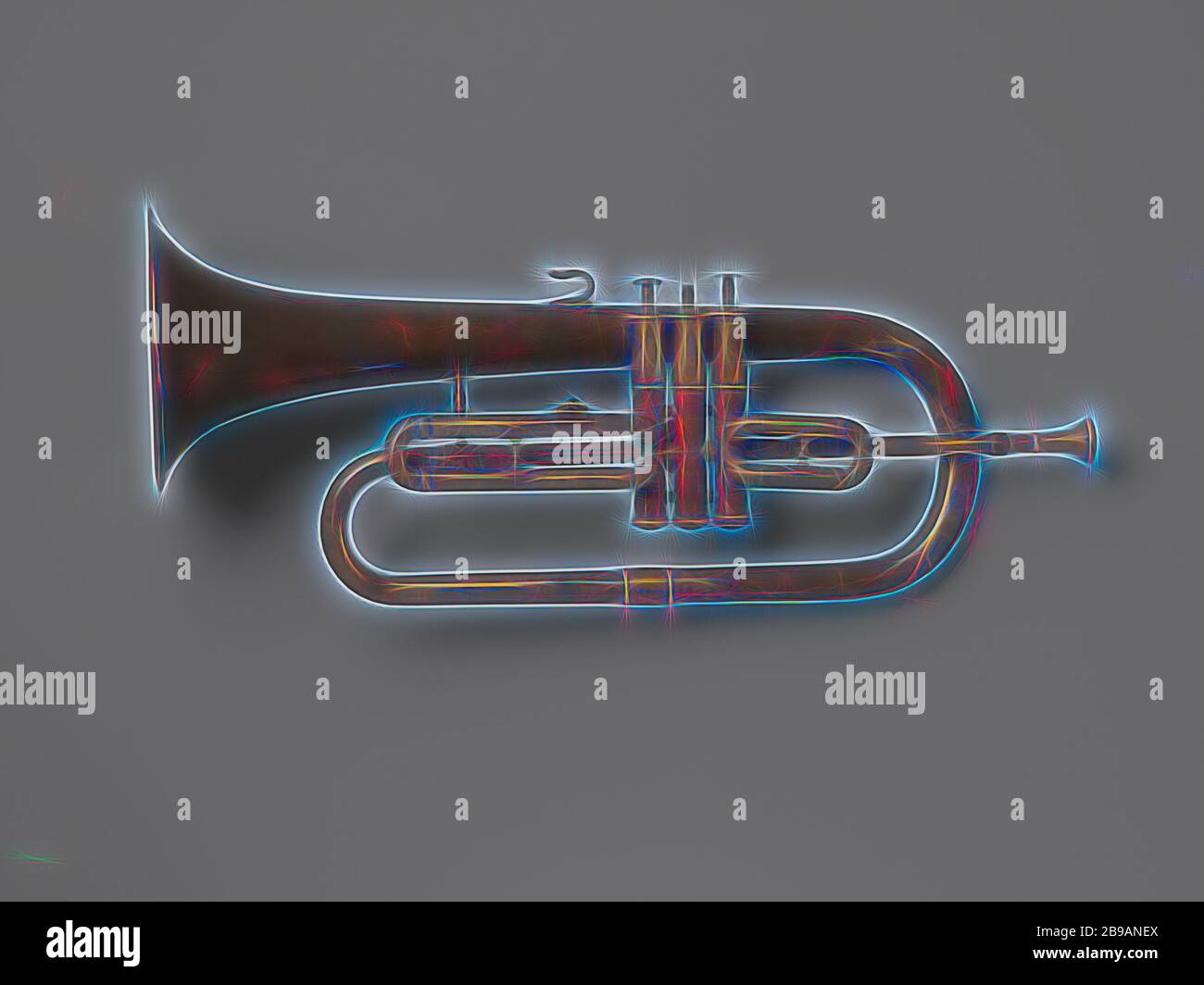Bugle, Bugel en B. tres válvulas de Perinet, numeradas 1, 2 y 3, que  reducen el tono fundamental por 1, 1/2 y 1 y 1/2 tonos, respectivamente.  Con soporte para soporte musical