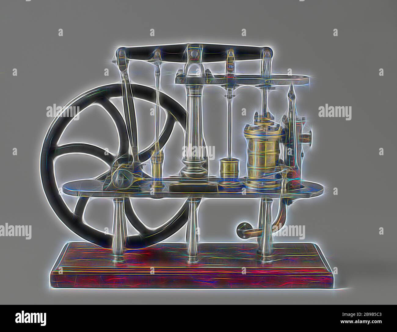 Modelo de una de doble efecto motor, modelo de acción doble motor de vapor con base en tierra, sobre un suelo de madera junta. modelo tiene un equilibrio y volante,
