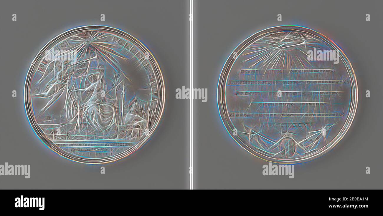 La paz de Fontainebleau entre el Emperador y la República de los Estados bajos, y la alianza con el rey de Francia, Medalla de Plata. Frontal: iluminado por el lirio radiante, se sienta en el trono de la Virgen holandesa en medio de pancartas, con libertad sombrero en su regazo y la rama de olivo en la mano derecha, ninfa con remo, inclinándose sobre la jarra de agua, a la izquierda, volando Faam, soplando en la trompeta, sobre el río Scheldt antecedentes dentro de una inscripción, corte: inscripción. Inversa: rolling triángulo entre nubes, en el fondo, una vista de la ciudad de París, a corta: inscripción. Reverso: sombrero de mercurio, el personal, y la trompeta de ray corona Foto de stock