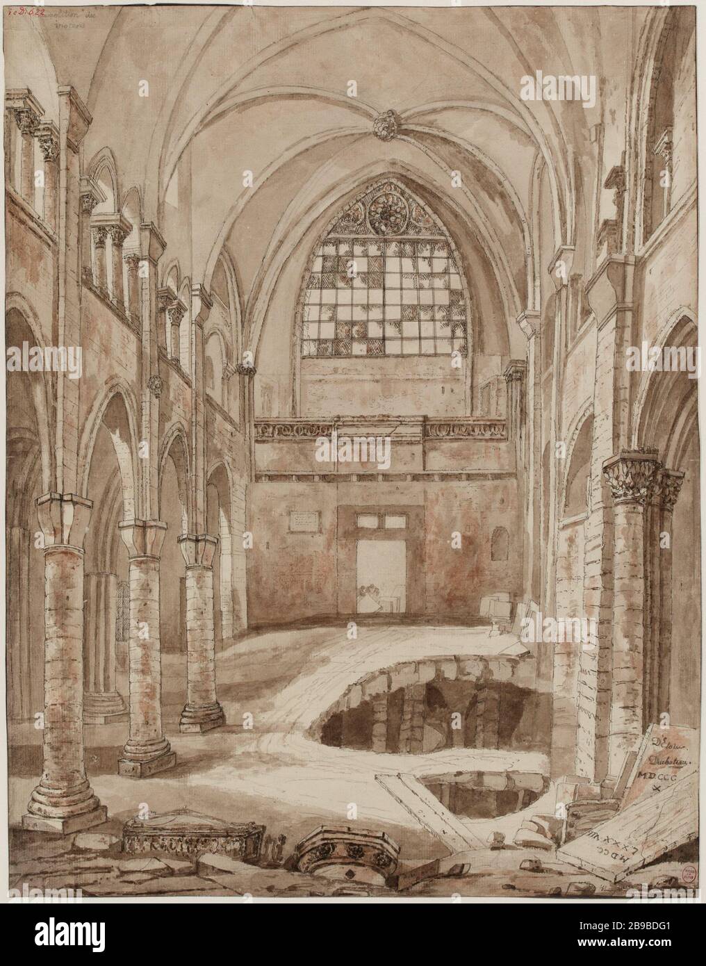 Demolición de la iglesia de los Santos inocentes que estaba en la esquina de Saint-Denis Berger, actual distrito 1, 1810 Foto de stock