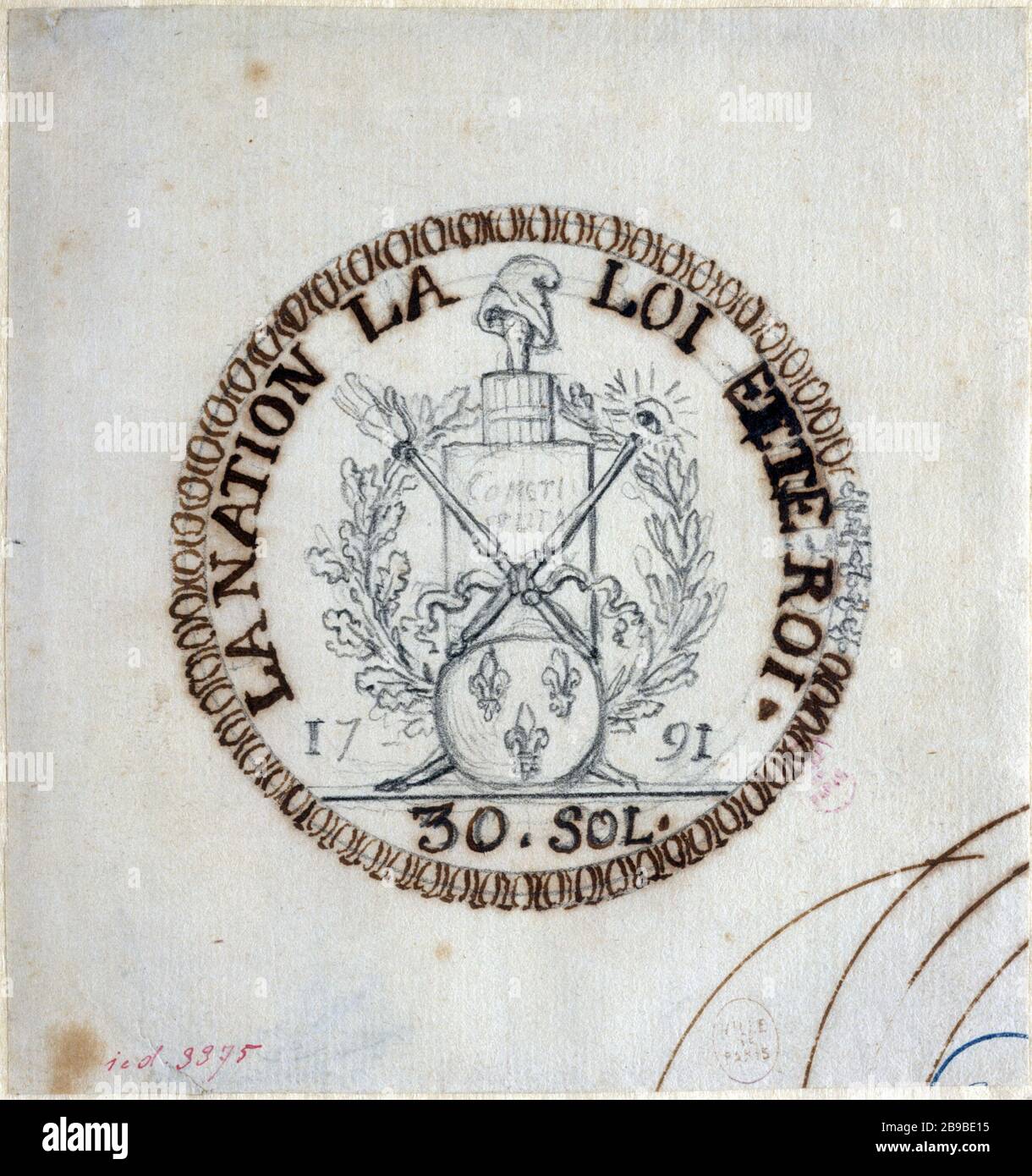 PROYECTO COIN 30 PLANTAS Augustin Dupre (1748-1833). 'Projet de monnaie de 30 sols de 1791'. París, musée Carnavalet. Foto de stock