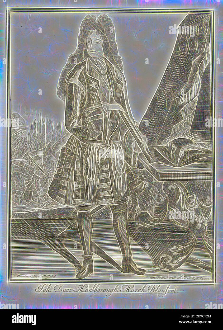 Retrato de John Churchill Marlborough Joh. Dux Marlborough. March Blanfort (título sobre objeto), Retrato del general John Churchill Marlborough, de pie en la mesa con una puntada. Detrás de él una tienda del ejército y batalla en Hochstädt en 1704, John Churchill (1er Duque de Marlborough), Justus Danckerts, Amsterdam, 1645 - 1701 y/o 1704 - 1722, papel, grabado, h 255 mm × w 189 mm, Reimaged by Gibon, diseño de brillo alegre cálido y radiante de rayos de luz. Arte clásico reinventado con un toque moderno. Fotografía inspirada en el futurismo, abrazando la energía dinámica de la tecnología moderna, m Foto de stock