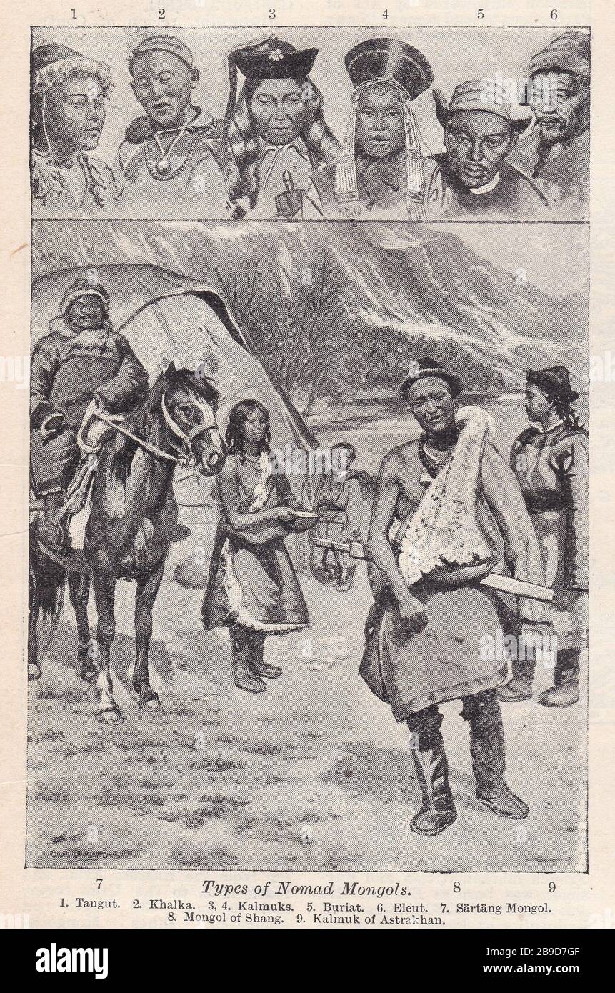 Ilustraciones en blanco y negro vintage de tipos de Nomad Mongols 1900. Foto de stock