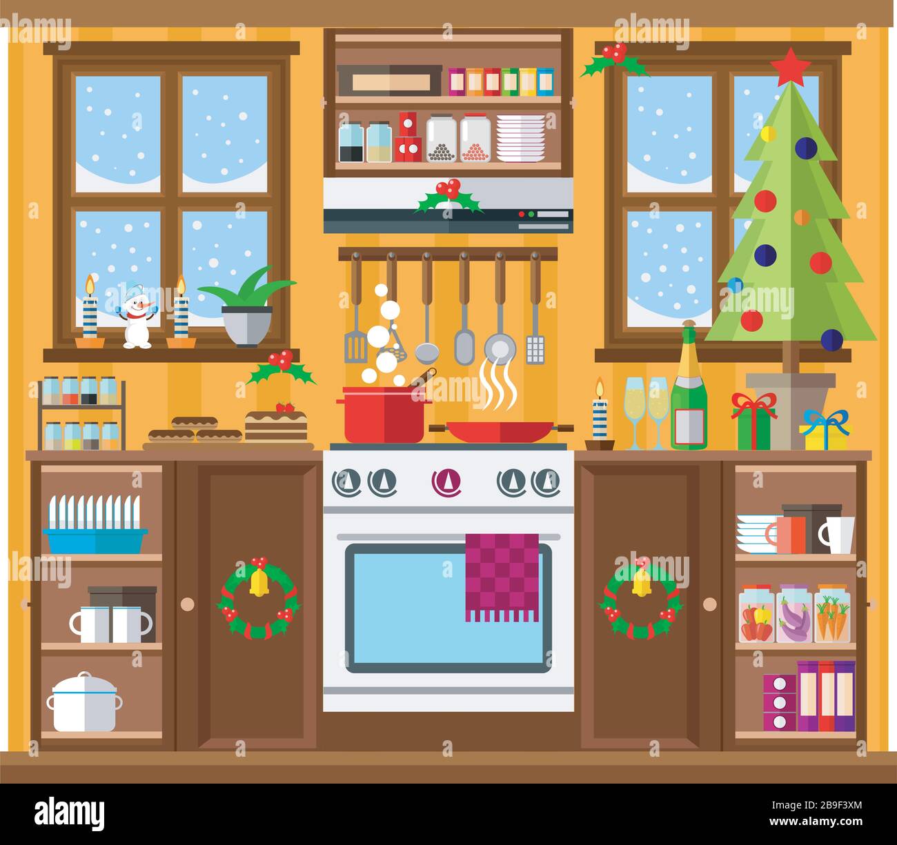 Interior de la cocina de Navidad, cocina deliciosa comida para celebrar la  Navidad y el año nuevo. Vacaciones de invierno, ilustración vectorial  Imagen Vector de stock - Alamy