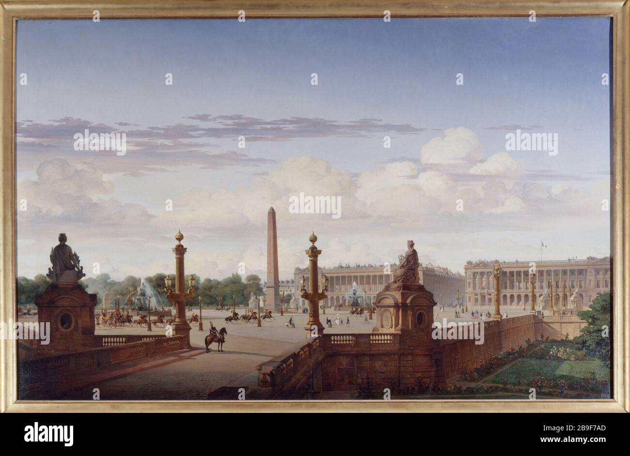 EL LUGAR DE LA CONCORDIA VISTA DE LA TERRAZA FRENTE AL MAR JEAN-CHARLES GESLIN. 'La Place de la Concordia vue de la terrasse du bord de l'eau ; le roi Louis-Philippe Traverse la Place dans sa voiture, 1846'. París, musée Carnavalet. Foto de stock