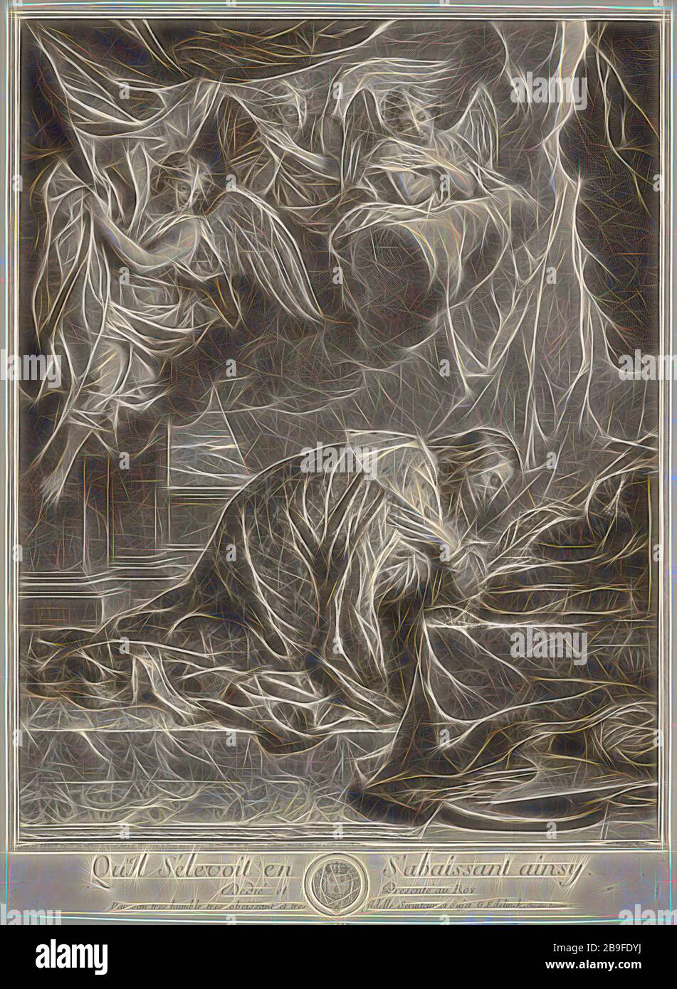 Retrato de San Luis, rey de Francia, Gérard Edelinck, 1640-1707, Charles Le Brun, 1619-1690, grabado en blanco y negro, del siglo XVII, después de una pintura de Charles Le Brun (antiguamente en la Chapelle du Château de Claude Le Peletier, Villeneuve-le-Roi). Edelinck Gravé par d'après un tableau fait original par Monsieur Le Brun qui est dans la Chapelle Monsieur Pelletier Ministre d'Estat una Ville neuue le Roy...--inferior izquierda, Auec Priuilege du Roy--Parte inferior derecha. Qu'il Sélevoit! En S'abaissant ainsy. Et Presenté Dedié au Roy Par hijo tres humildes tres obeissant et tres fidelle Seruiteur et Sujet Foto de stock