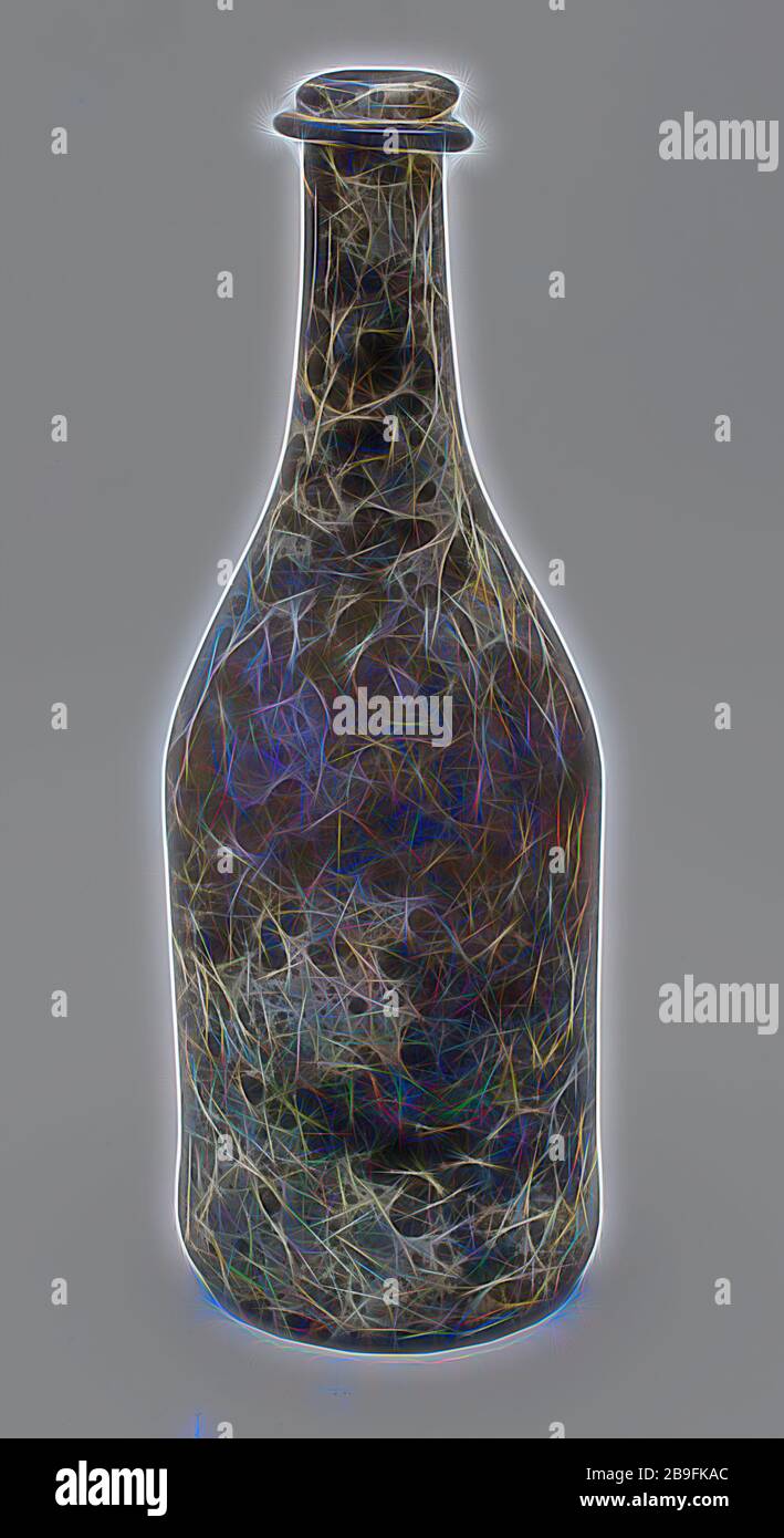 Botella cilíndrica, portabotellas encontrado suelo de vidrio, aplicación de vidrio soplado a mano botella cilíndrica de vidrio verde de luz clara. Marca de Pontil bajo planteadas, inferior del cuerpo ligeramente abultadas muro recto cónico a hombros y cuello con tensión triae rejuvenecido y mesas de ancho (4,2 cm) de rosca de vidrio convexo arqueología packaging Foto de stock