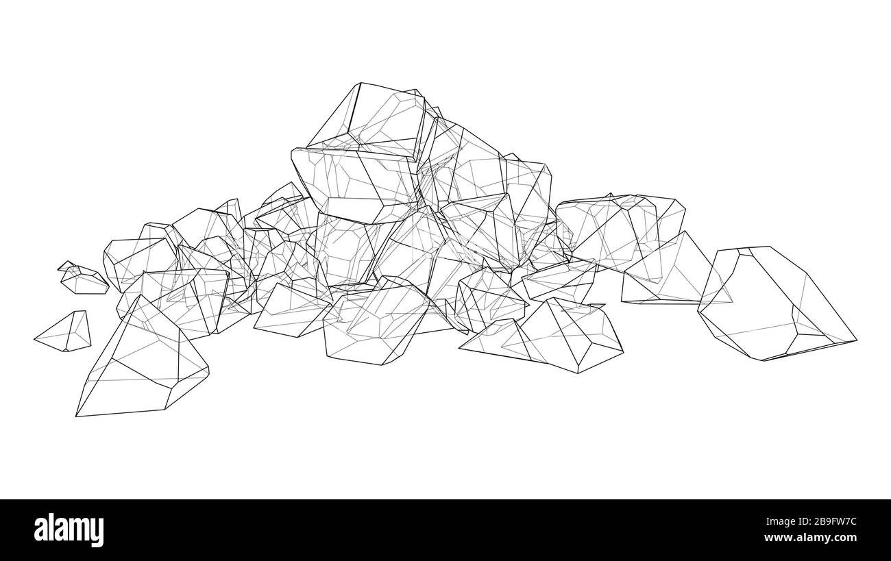 Un montón de piedras. Ilustración vectorial renderizada de un modelo 3d.  Estilo de croquis o marco de alambre Imagen Vector de stock - Alamy