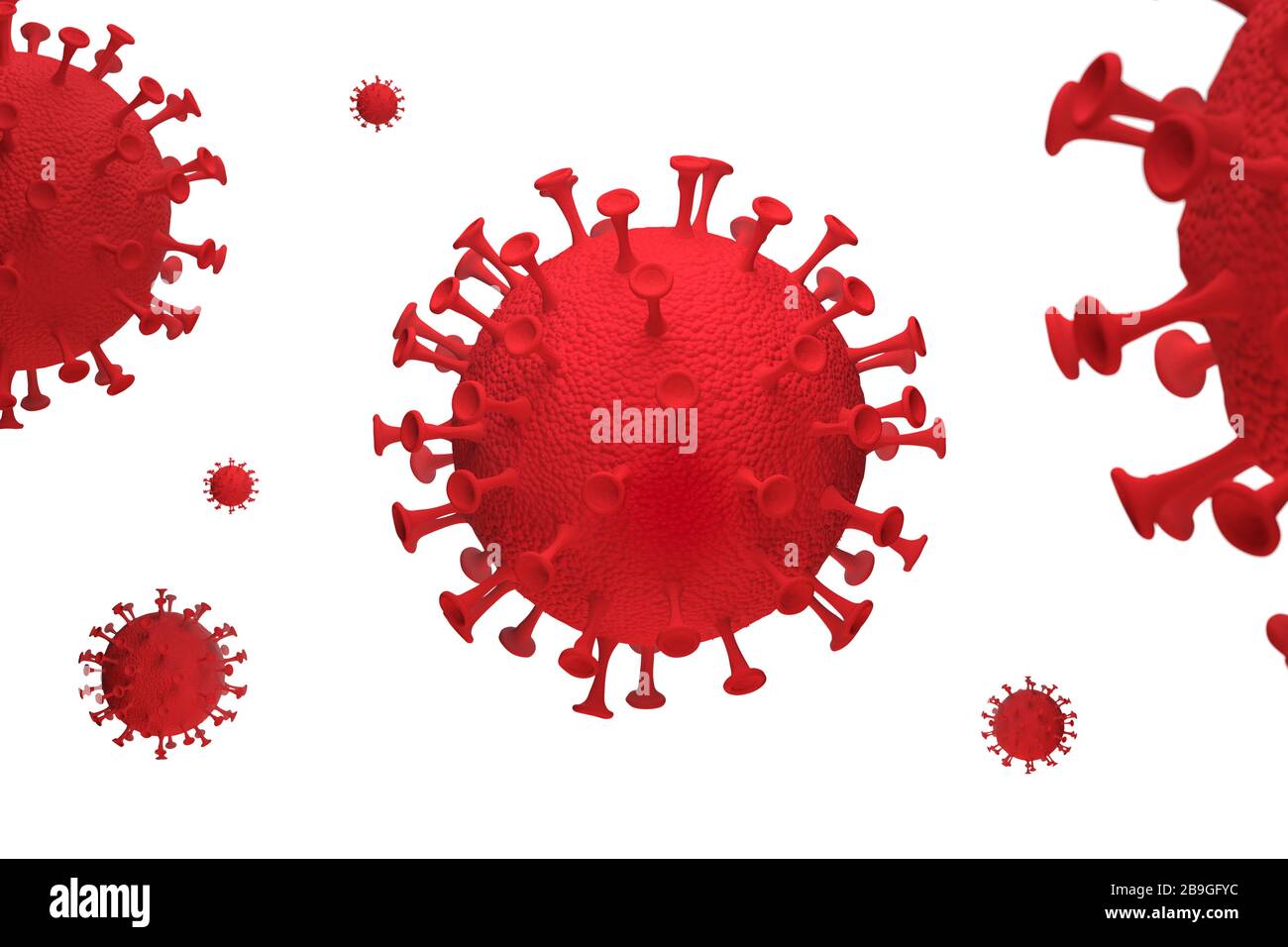 Ilustración 3D del coronavirus en color rojo aislado sobre fondo blanco Foto de stock