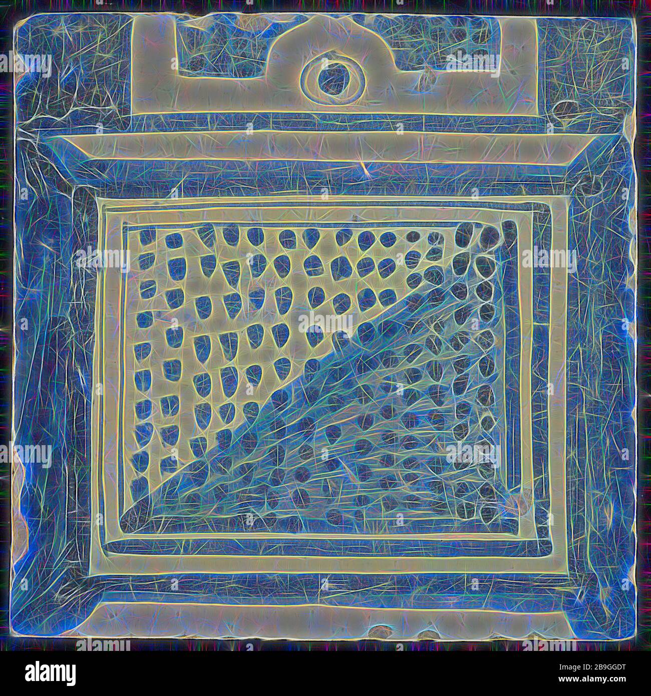 Azulejos de chimenea de la pilastra, azul sobre blanco, parte inferior de la columna con el sótano, compartimento con puntos de la pilastra de la chimenea, baldosas cerámicas de fragmento de metraje de la pilastra, horneados esmalte pintado azulejo vidriado 2x parte de la chimenea de la pilastra originalmente doce o trece shard cuadrado amarillo de alta dos agujeros de clavos. Azul sobre blanco fond. Mosaico forma parte de una sola fila de la pilastra en estilo renacentista y muestra la parte inferior de la columna con el sótano con parte de la división con puntos de sombra en la parte derecha del reverso Q 1914 construcción ayuntamiento Zandstraat cuartas partes segunda guerra mundial el bombardeo de la ciudad de Rotterdam cente Foto de stock