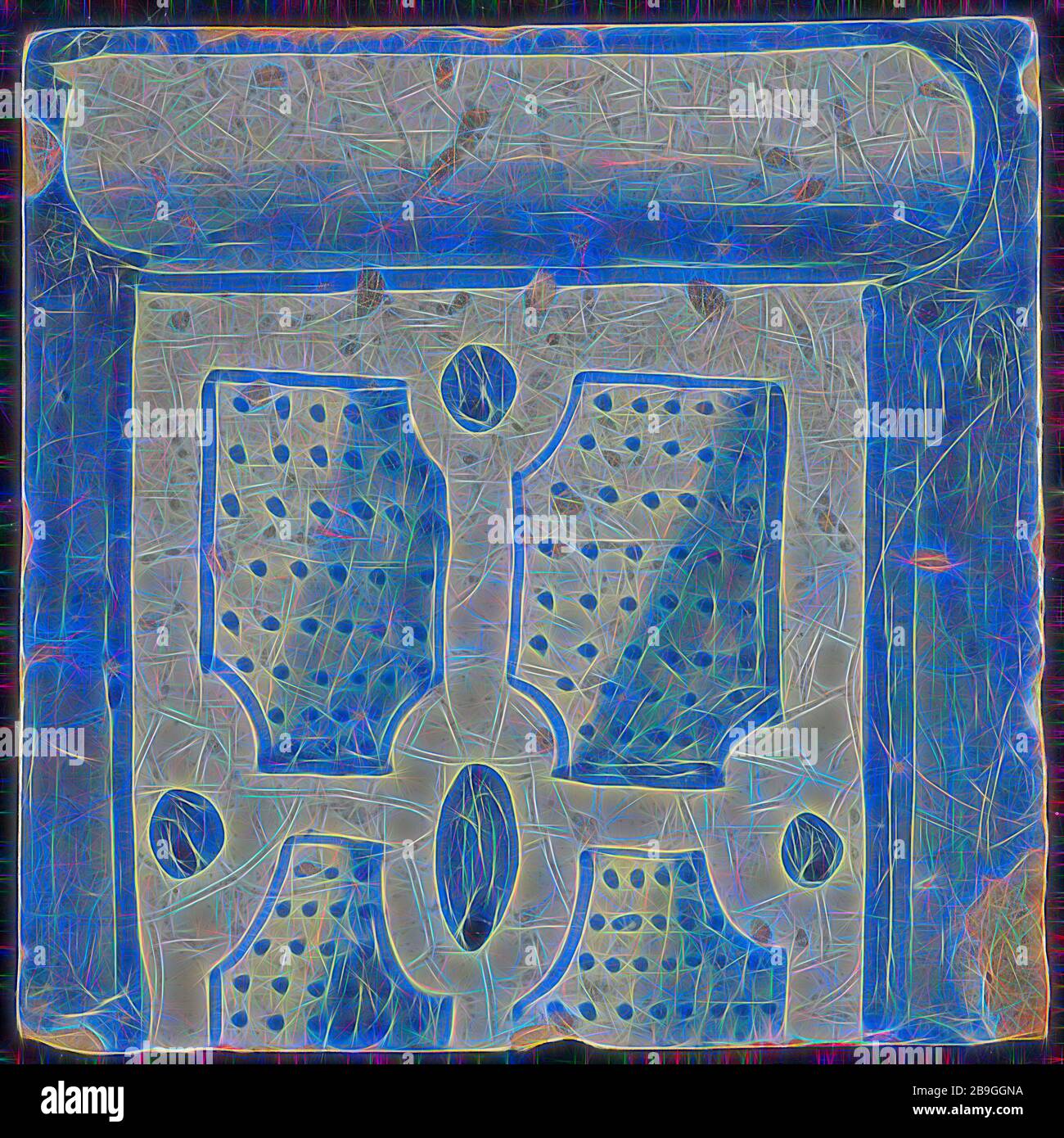 Azulejos de chimenea de la pilastra, azul sobre blanco, parte inferior de la columna con el sótano, compartimento con puntos de la pilastra de la chimenea, azulejos de cerámica de la pilastra metraje fragmento vidriado de barro cocido, pintado azulejo vidriado 2x parte de la chimenea de la pilastra originalmente doce o trece shard cuadrado amarillo de alta dos agujeros de clavos. Azul sobre blanco fond. Mosaico es parte de una sola fila de la pilastra en estilo renacentista y muestra la parte inferior de la columna con la división con puntos azules sombra sobre el derecho en el centro de la plaza: G 1914 construcción ayuntamiento Zandstraat cuartas partes segunda guerra mundial el bombardeo del centro de la ciudad de Rotterdam Stadsdriehoek 1940 volver Foto de stock
