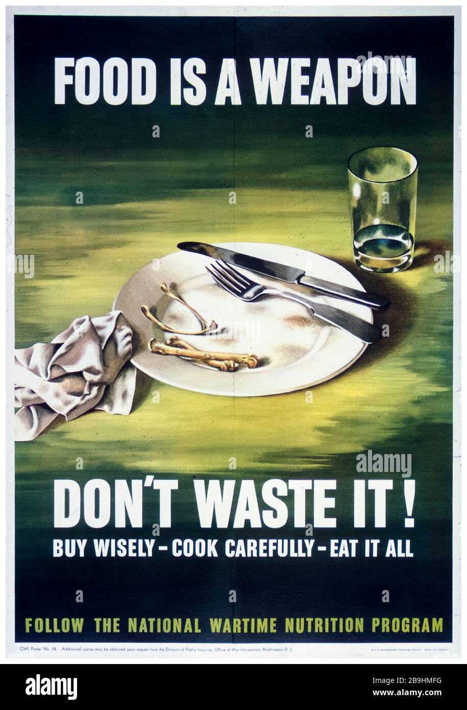 Póster estadounidense de racionamiento de alimentos de la Segunda Guerra Mundial, campaña de ahorro de alimentos, la comida es un arma - no lo desperdicie, 1941-1945 Foto de stock