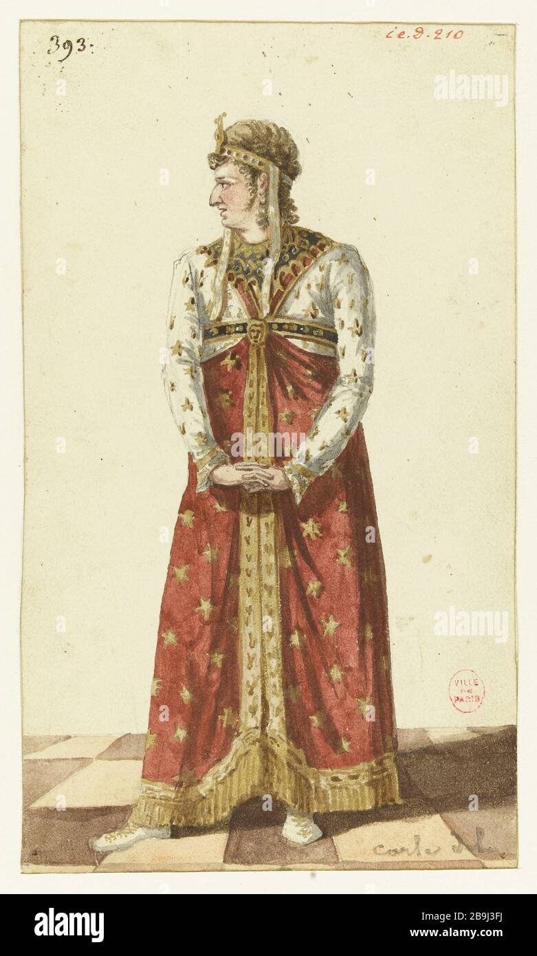 Trajes Elleviou, papel de José en la obra de ese nombre (Teatro Feydeau, 17 de febrero de 1807) Carle Vernet (1758-1836). 'Disfraces d'Elléviou, rôle de Joseph dans la pièce de CE nom (Théâtre Feydeau, 17 février 1807)'. Aquarelle. París, musée Carnavalet. Foto de stock