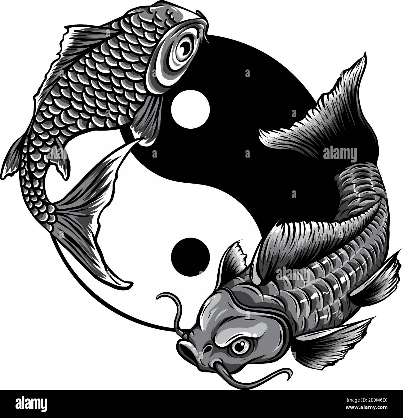Arte de ilustración vectorial de peces Yin Yang Koi monocromático Ilustración del Vector