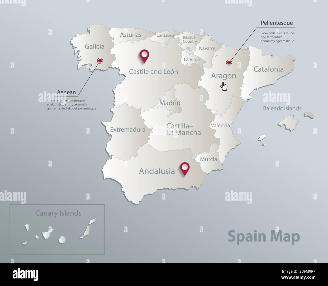 Mapa de España, división administrativa con nombres, azul blanco tarjeta 3D vector Ilustración del Vector