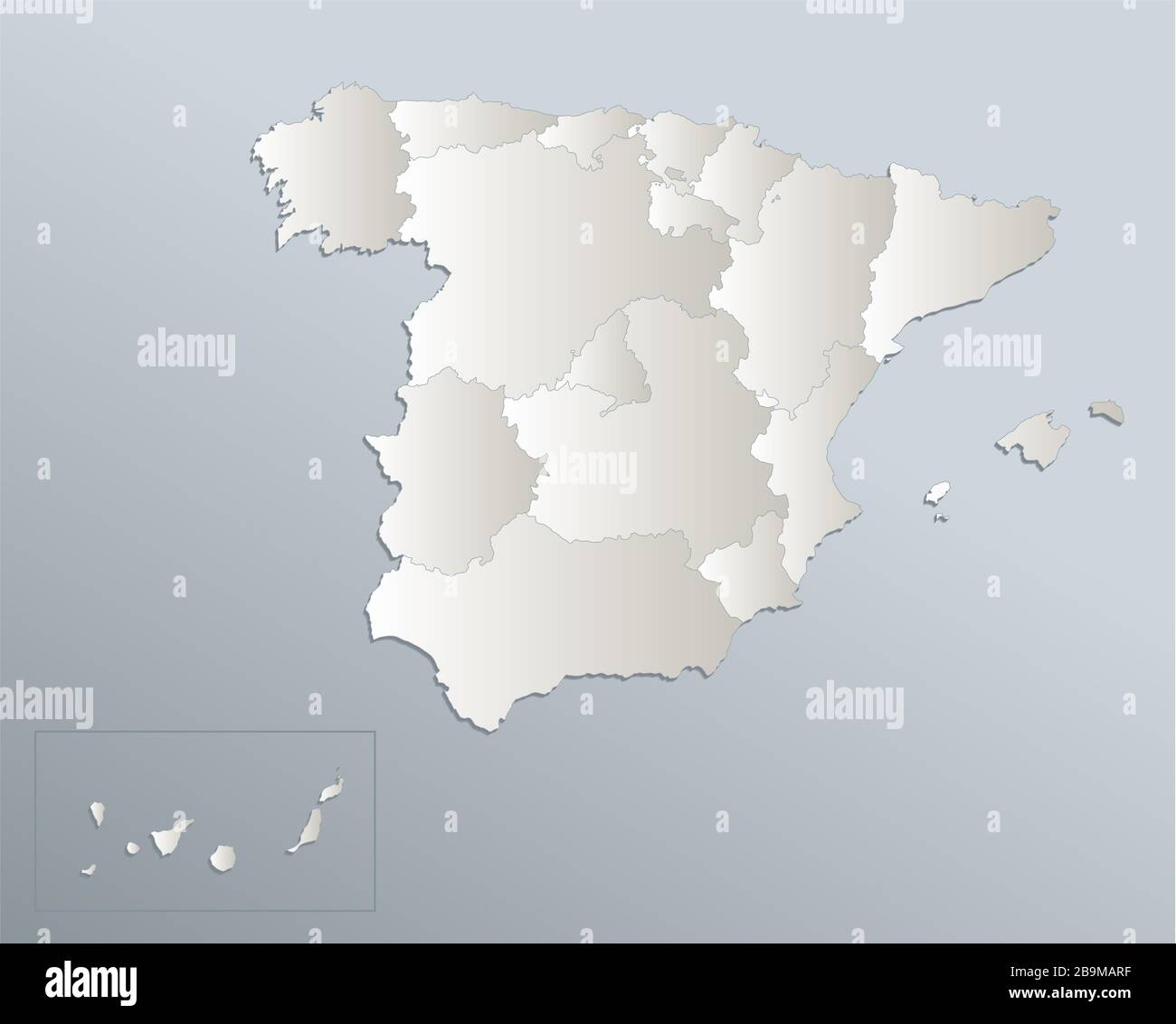 Mapa de España, división administrativa, papel blanco azul en blanco 3D en blanco Foto de stock