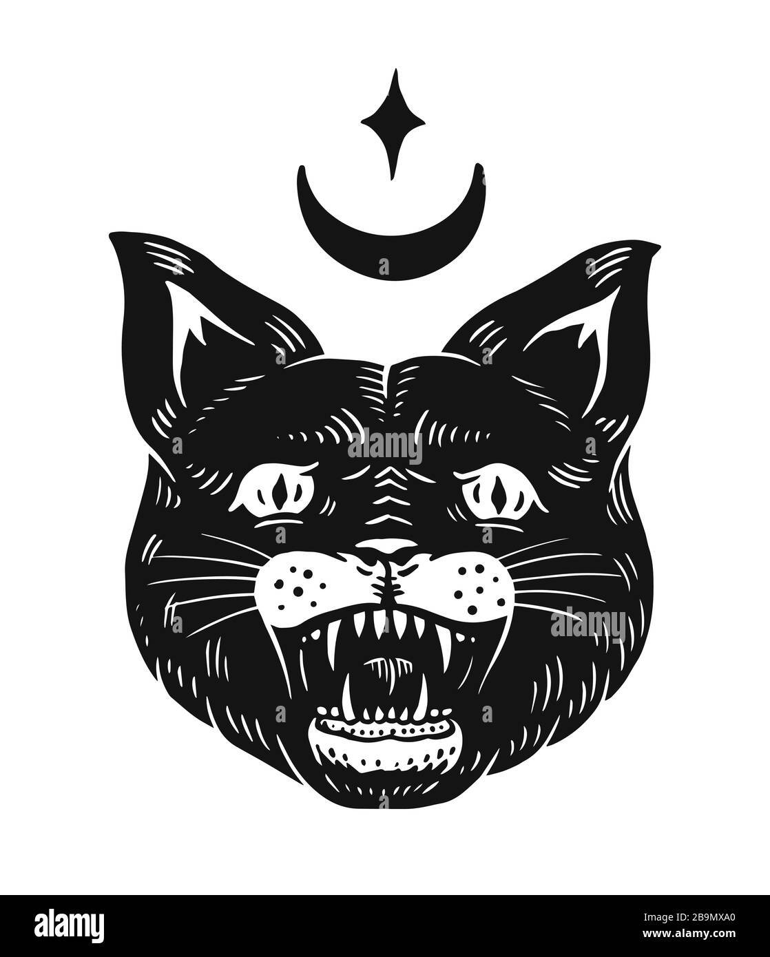 Bruja negra cat. Mal asustadizo animal místico. Ilustración vectorial de  Halloween. Dibujo de fideos grabados a mano para tatuajes o camisetas y  banner Imagen Vector de stock - Alamy