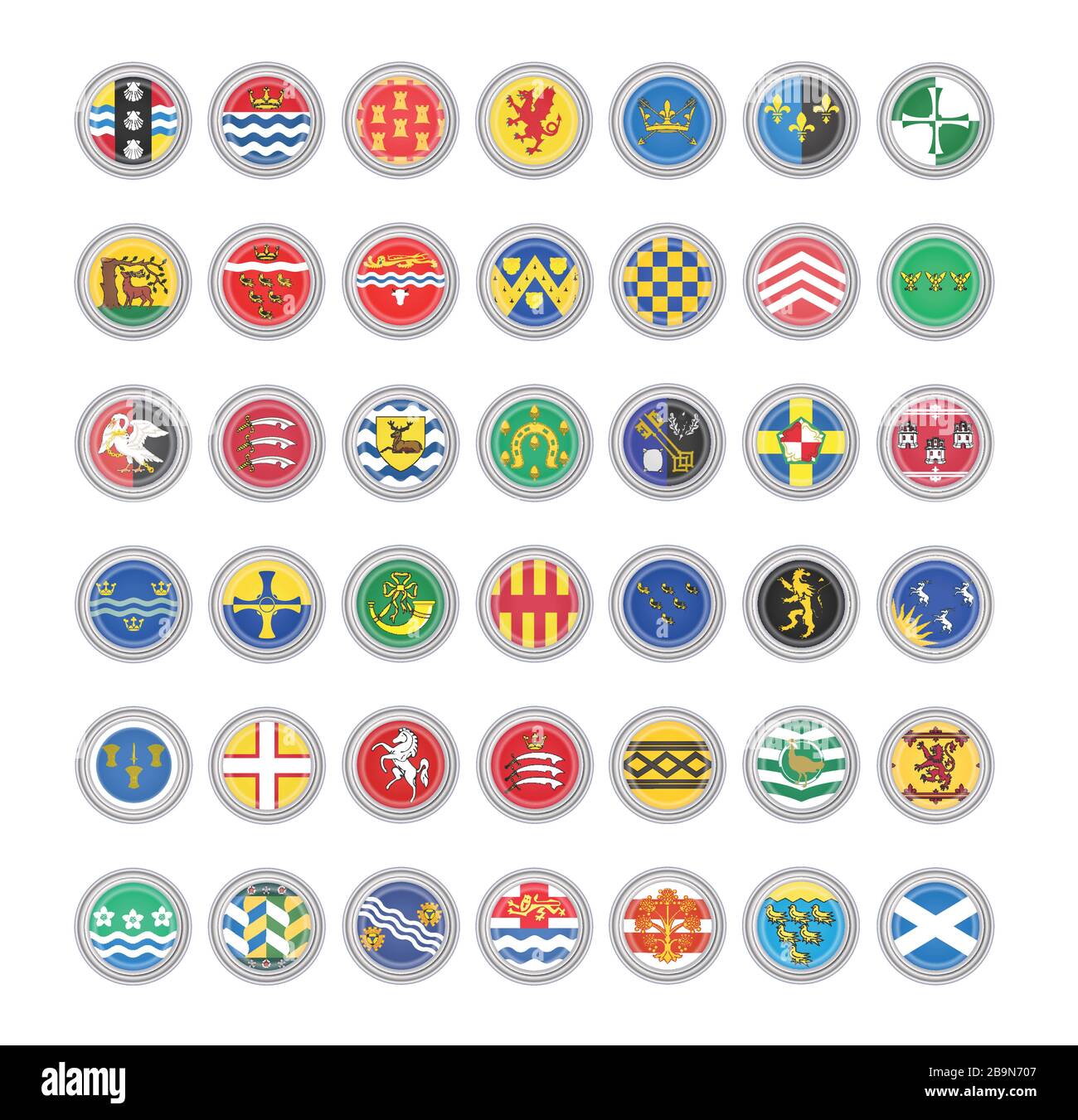 Conjunto de iconos vectoriales. Banderas del Reino Unido. Condados de Inglaterra y Escocia. Ilustración del Vector