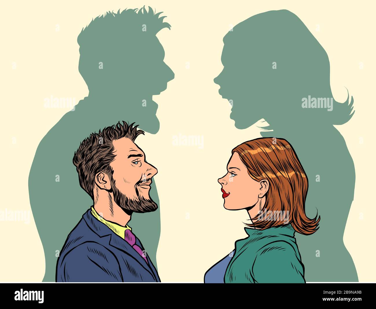 El concepto de conflicto entre hombres y mujeres. Ilustración del Vector