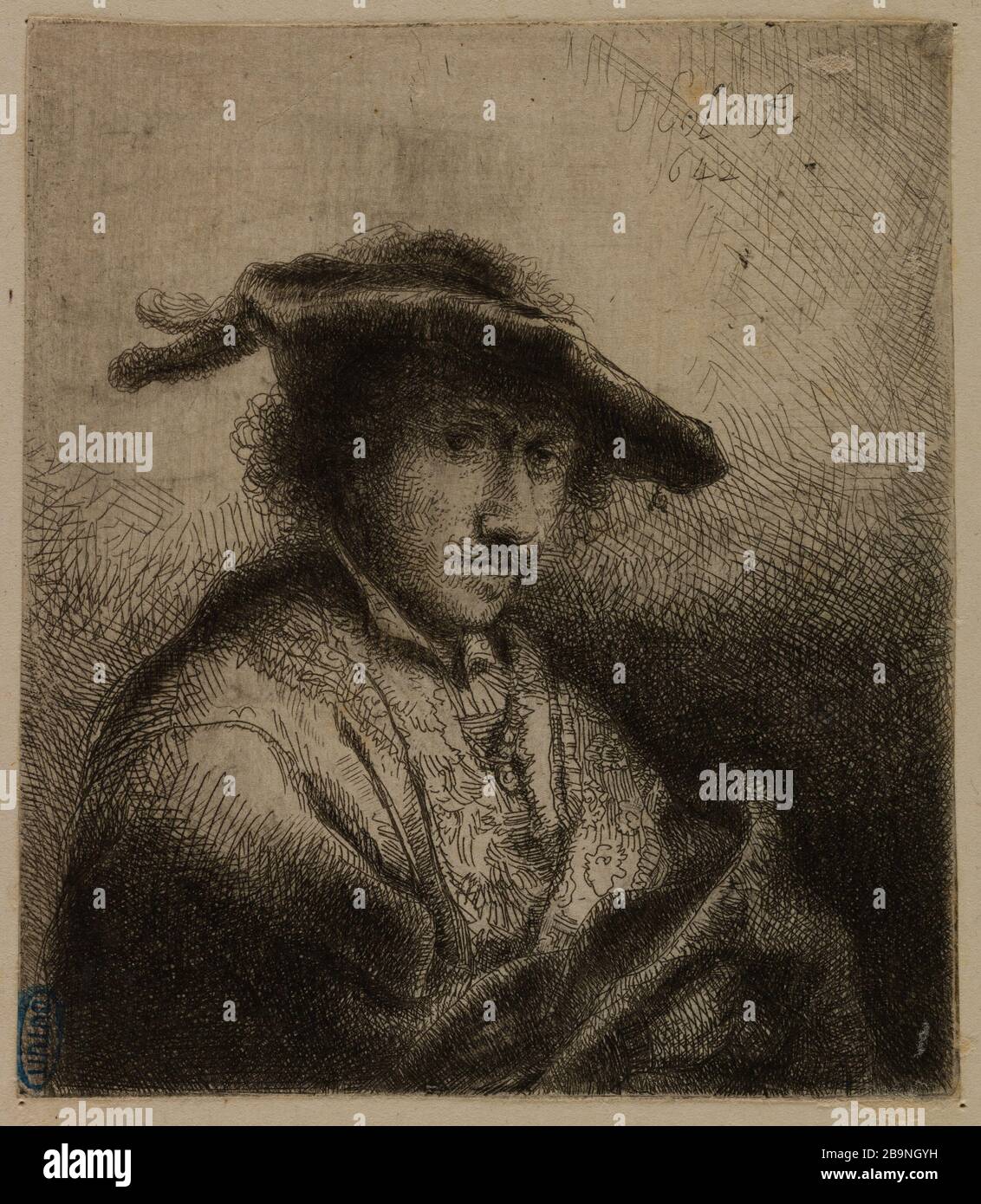Hombre con sombrero (Hollstein 14) Bol, Ferdinand. 'L'Homme à la toque (Hollstein 14)'. Eau-forte. 1642-1642. Musée des Beaux-Arts de la Ville de París, Petit Palais. Foto de stock