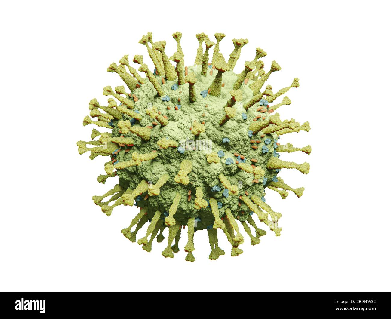 Estructura molecular de un virus de la influenza Corona COVID-19 amarillo-verde - 3D Illustration Coronavirus sobre el fondo blanco Foto de stock