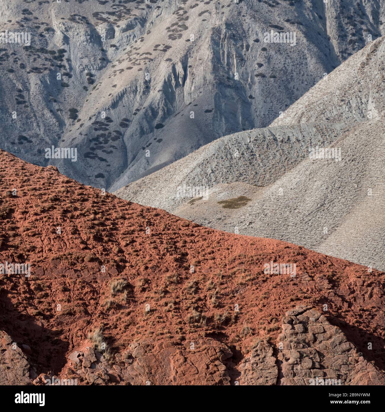 Colorido paisaje de colinas rojas contrastando con las colinas grises en el valle de Arpa a lo largo del río Arpa y Jamanti en las montañas Tian Shan de Kyrgyzsta Foto de stock