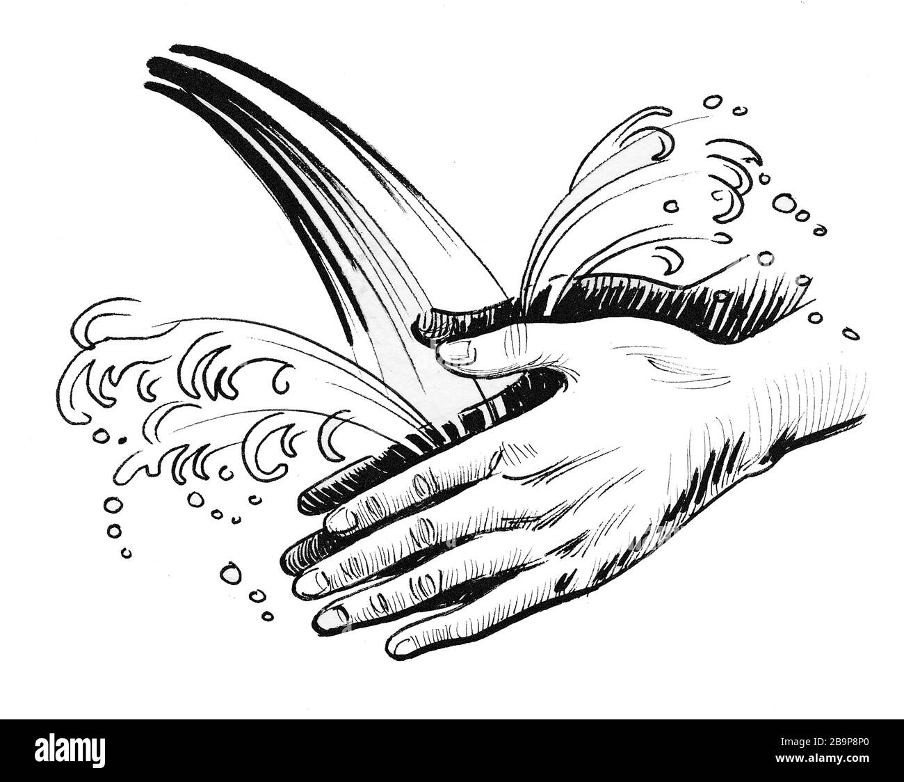 Dos manos lavándose con agua y jabón. Dibujo en blanco y negro Fotografía  de stock - Alamy