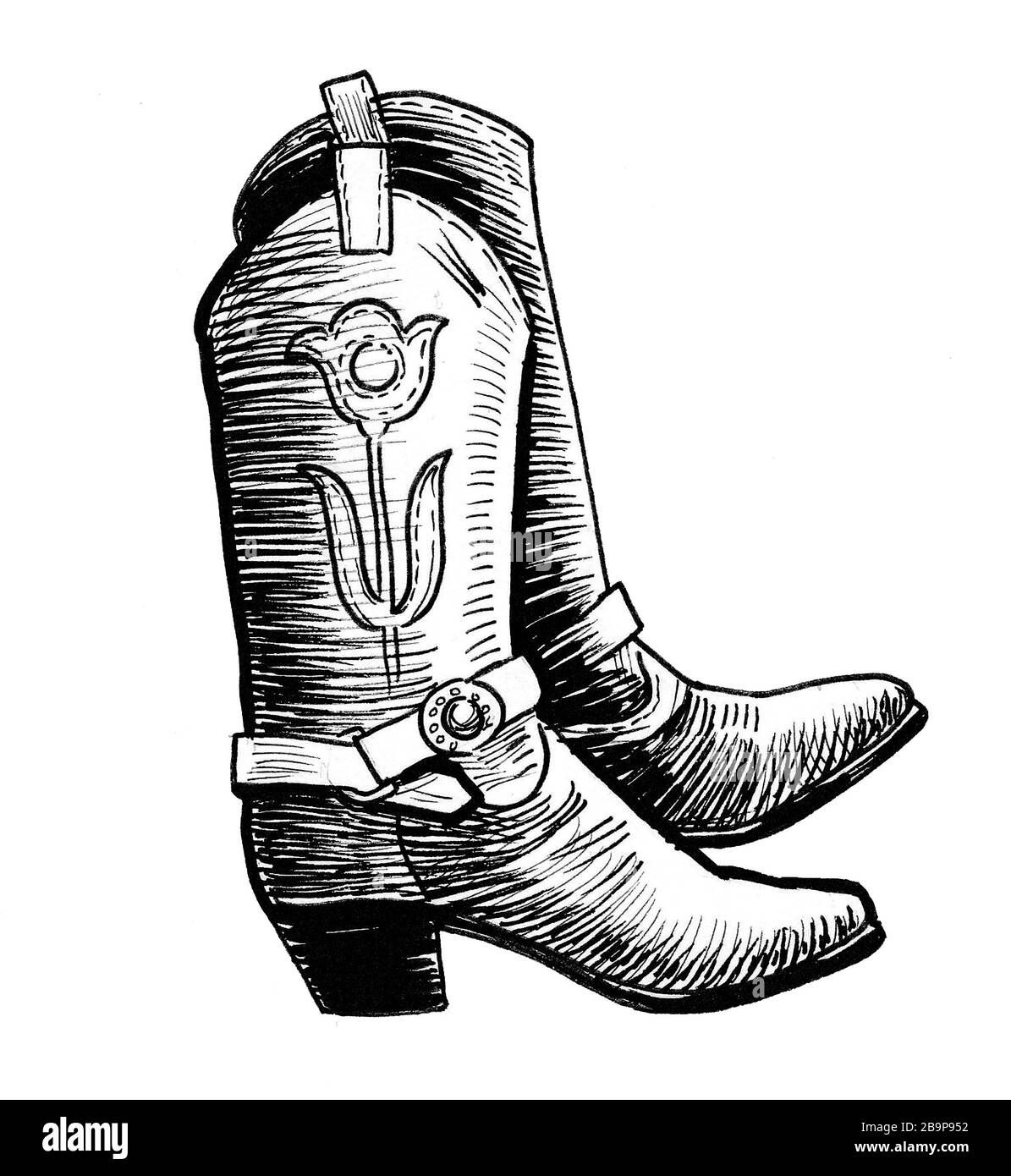 Un par de botas de vaquero. Dibujo en blanco y negro Fotografía de stock -  Alamy
