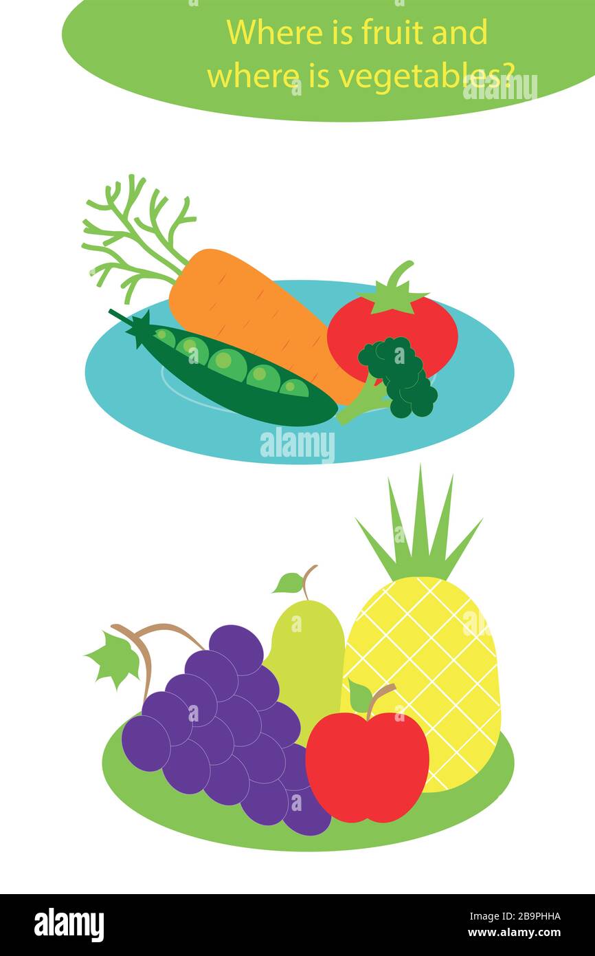 Verduras y frutas en estilo de dibujos animados en platos para niños,  actividad de hojas de trabajo preescolar para niños, tarea para el  desarrollo del pensamiento lógico Imagen Vector de stock -