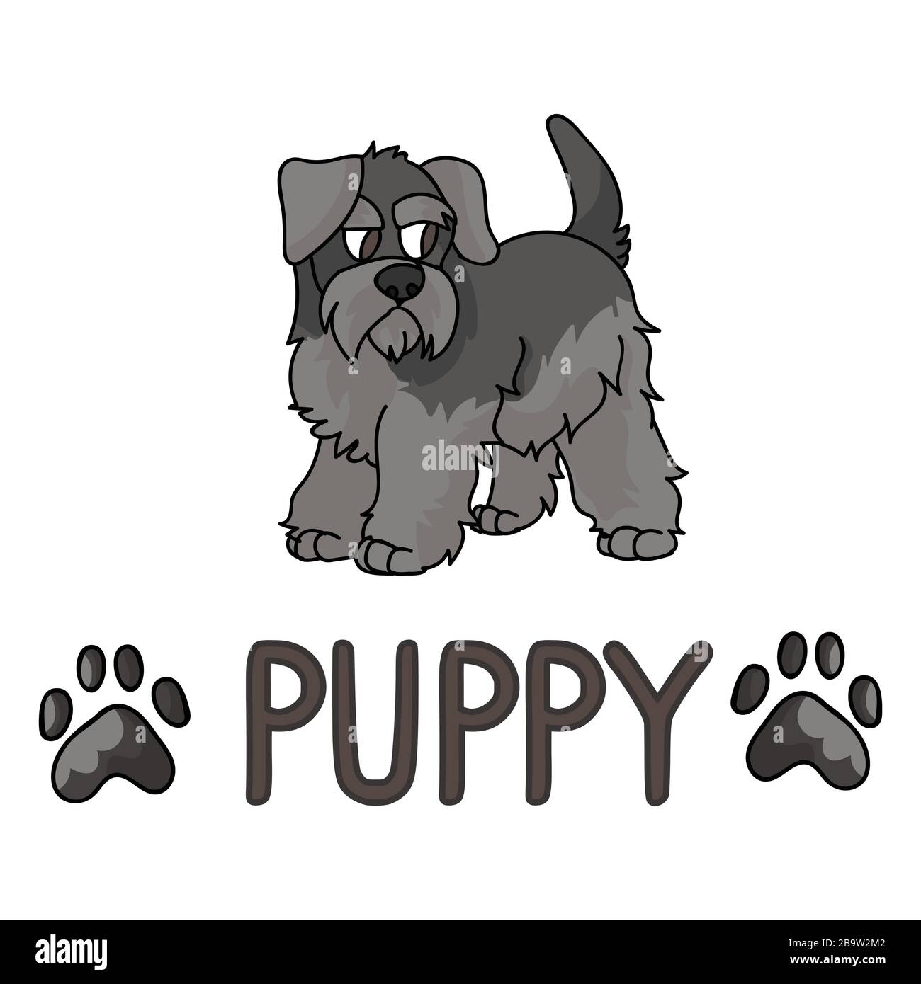 Lindo cachorro de dibujos animados schnauzer con texto palabra y pata  imprimir vector clipart. Pedigrí criado de perros para los amantes de los  perros. Perro de pura raza para el salón de