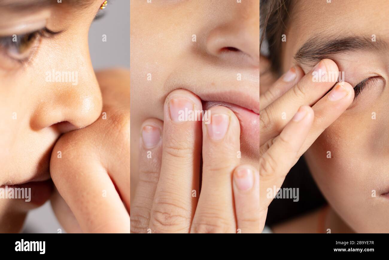 Collage de niñas toca su nariz, ojos y boca - concepto que muestra evitar contacto cara para proteger y prevenir forma covid-19, sras cov 2 o. Foto de stock