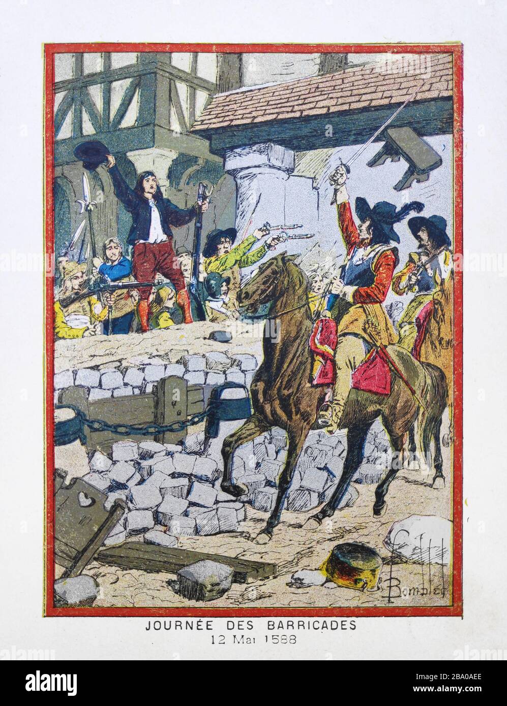 Ilustración antigua por 'L. Bombardeó' sobre el día de las barricadas durante las guerras francesas de religión impresas a finales del siglo 19. Foto de stock