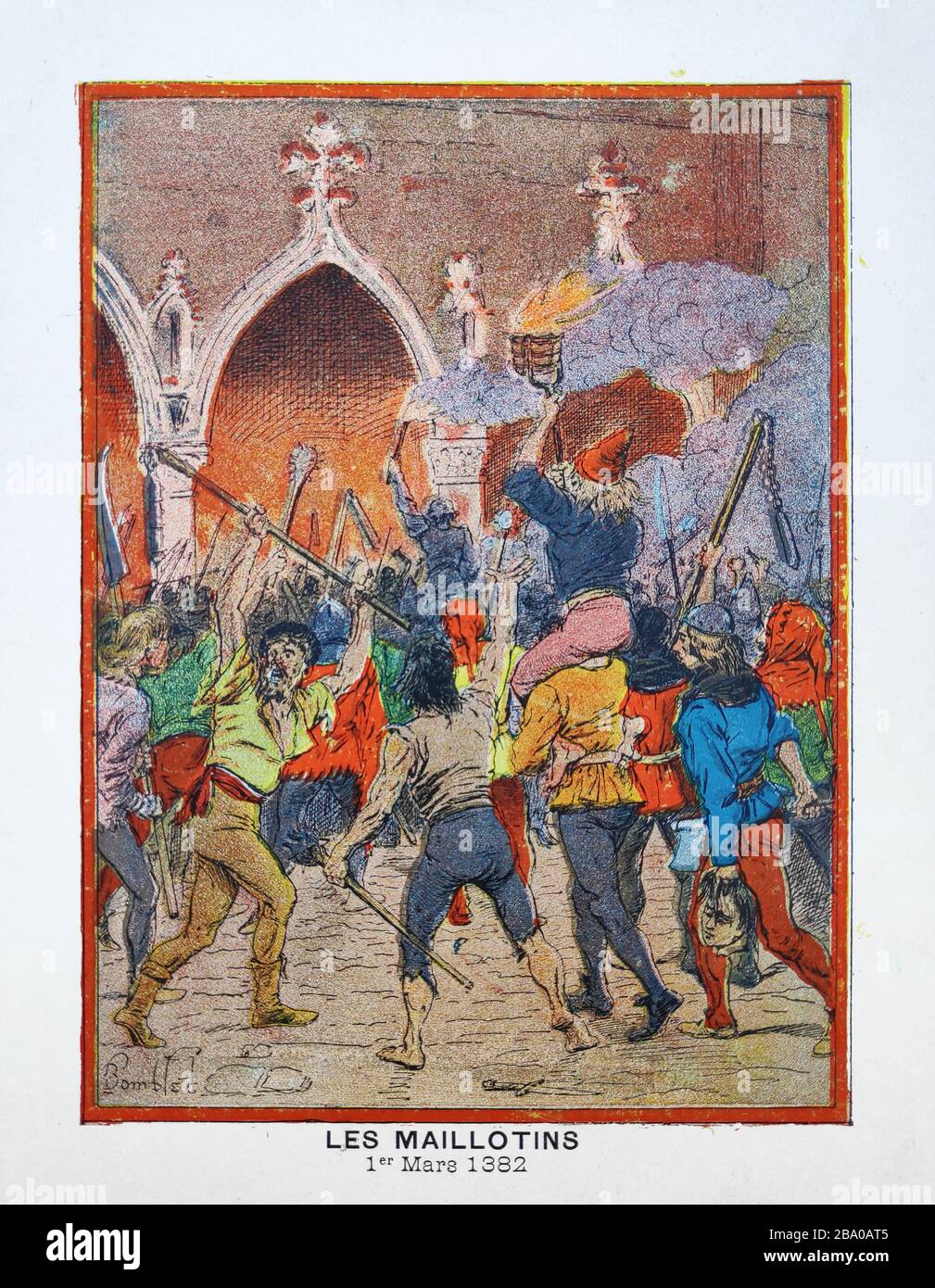 Antigua ilustración de 'Louis Bombled' sobre la revuelta de los Maillotins impresos a finales del siglo 19. Foto de stock
