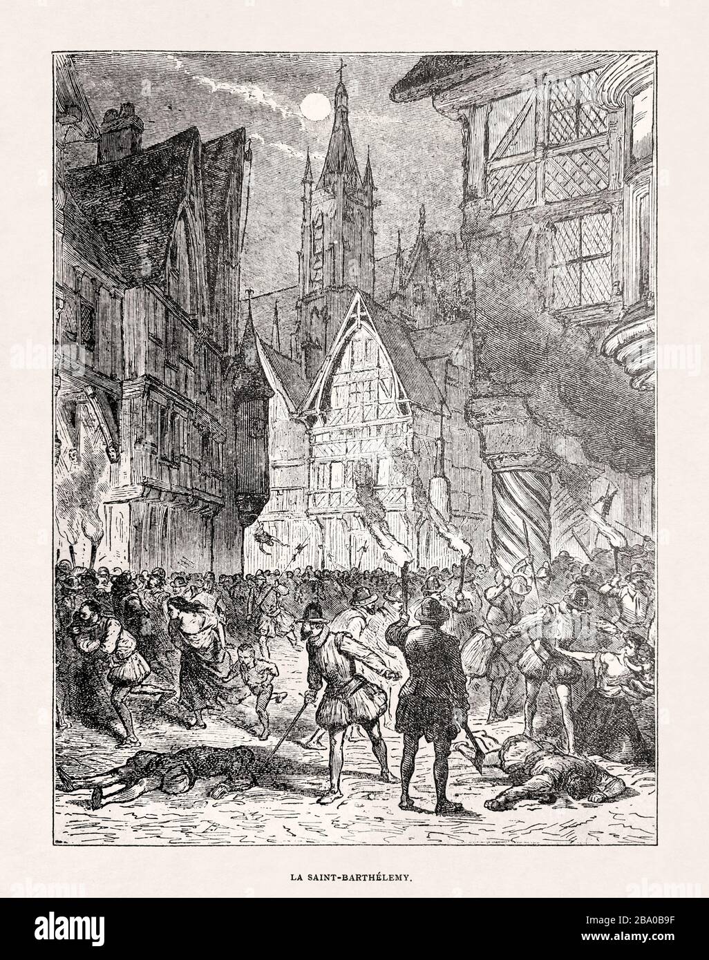 Ilustración en blanco y negro de la masacre del día de San Bartolomé. Foto de stock