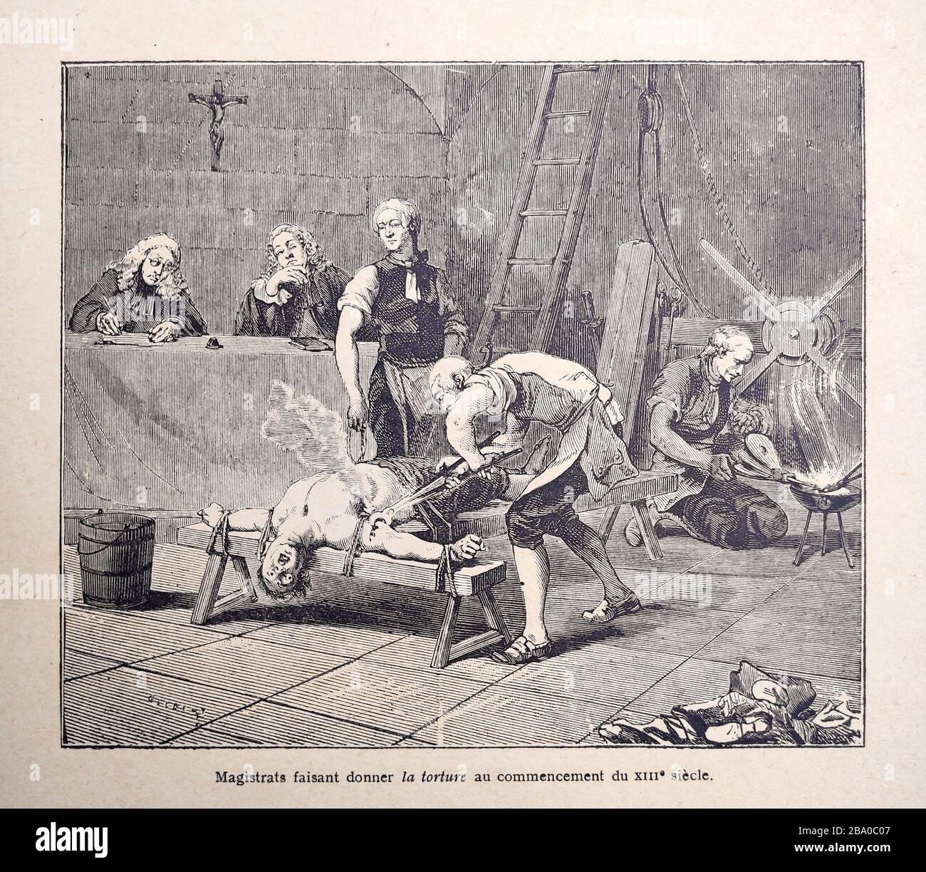 Ilustración de una tortura en el siglo 13 por Gilbert publicado a finales del siglo 19. Foto de stock